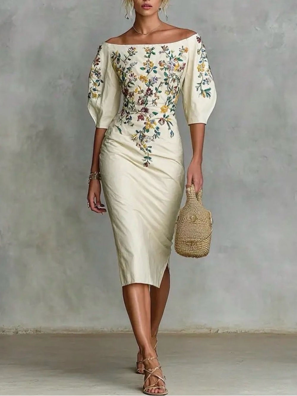 Floral Off Shoulder Cream Dress